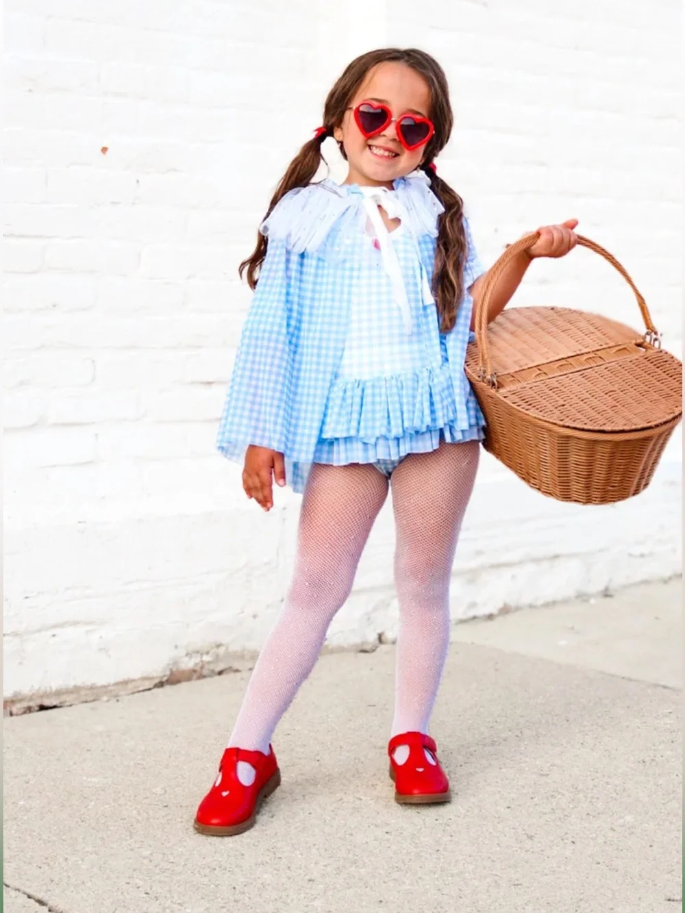 Blue Gingham Ruffled Kids Costume Swimsuit with Tulle Accent